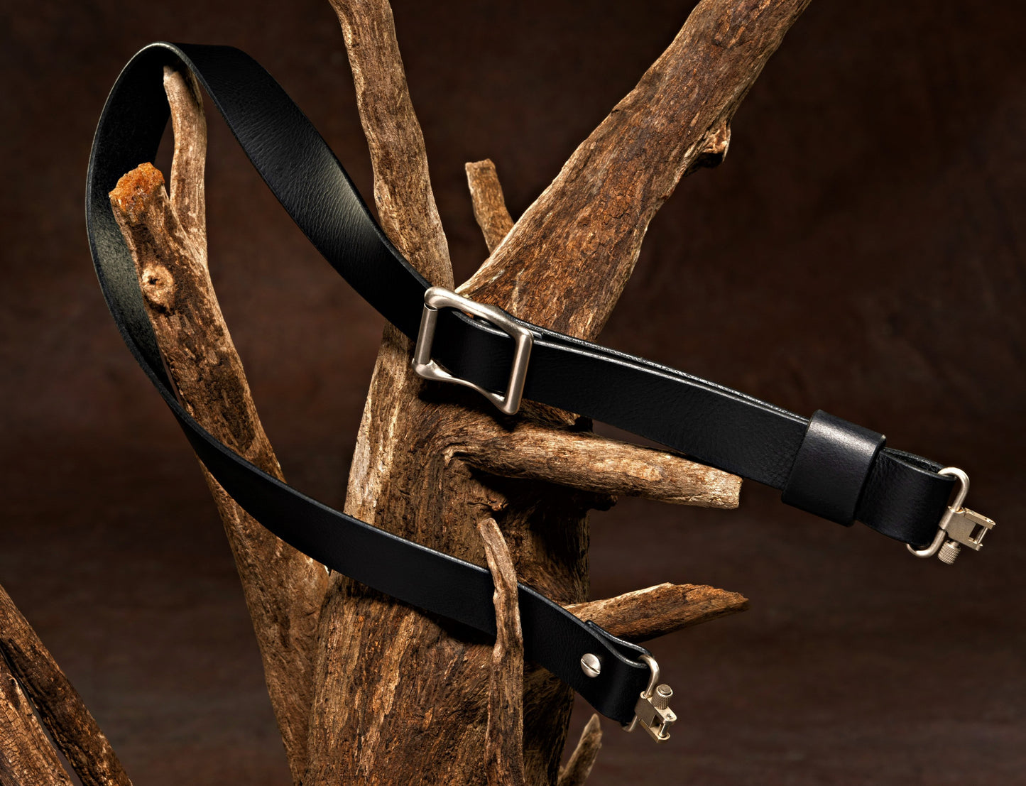 Model E-Black Buffalo Leather Slider Buckle Sling. Silver Hardware. Stainless Steel Swivels.