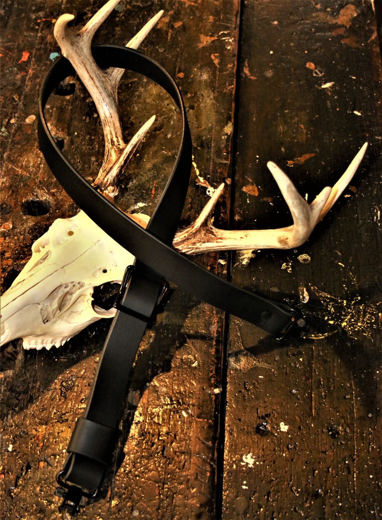 Model BBS-Black Buffalo Leather Slider Buckle Sling. Black Hardware.