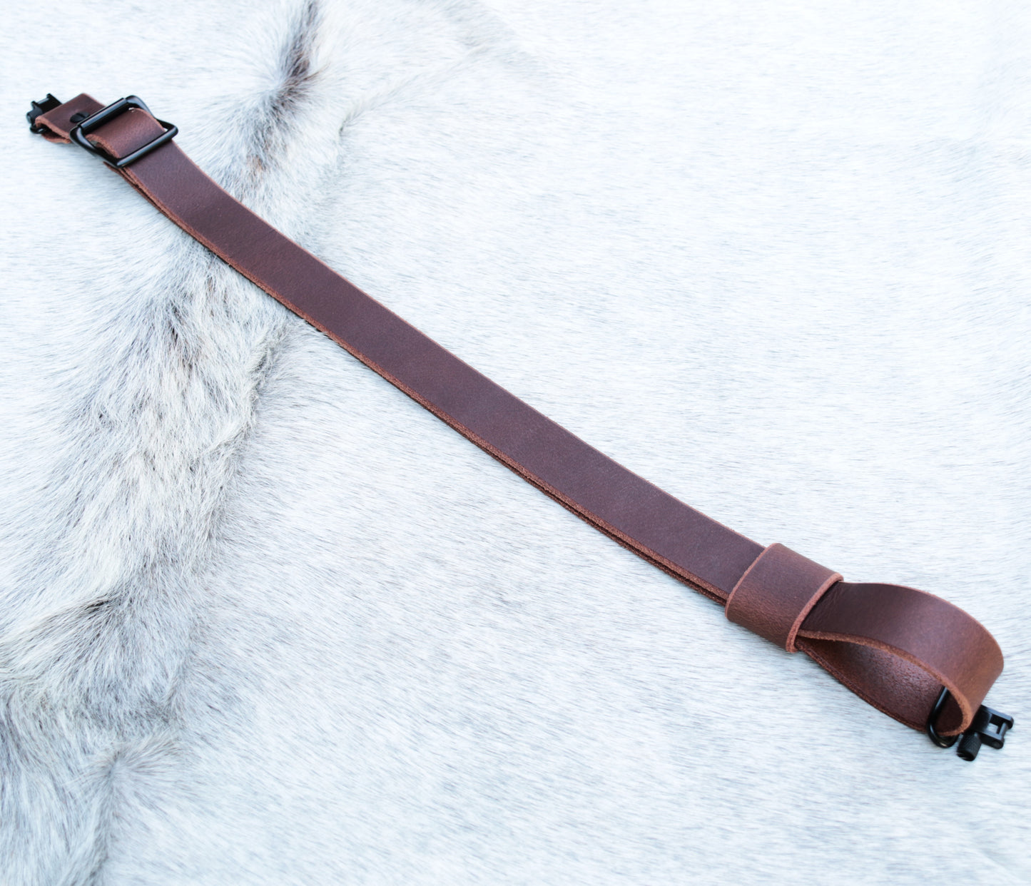 Model FR-Brown or Black Buffalo Leather Slider Buckle Gun Sling 1.25 Inch Width Rustic Edges Black Hardware