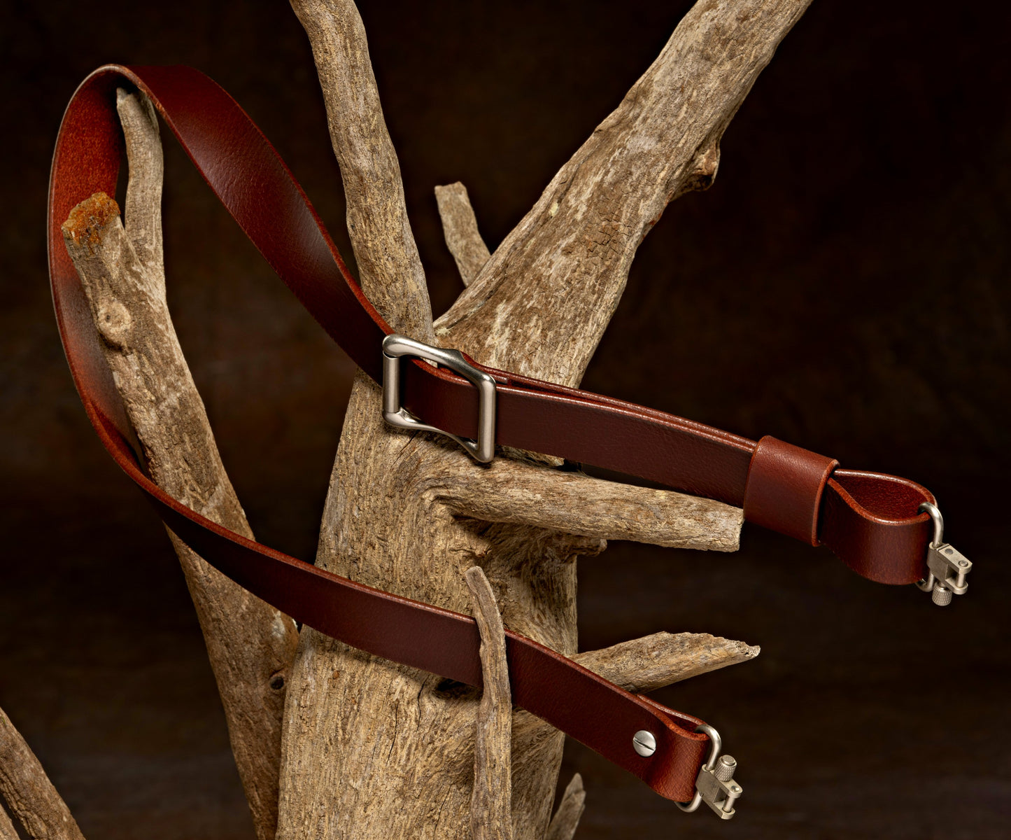 Model A-Brown Buffalo Leather Slider Buckle Sling. Silver Hardware. Stainless Steel Swivels.