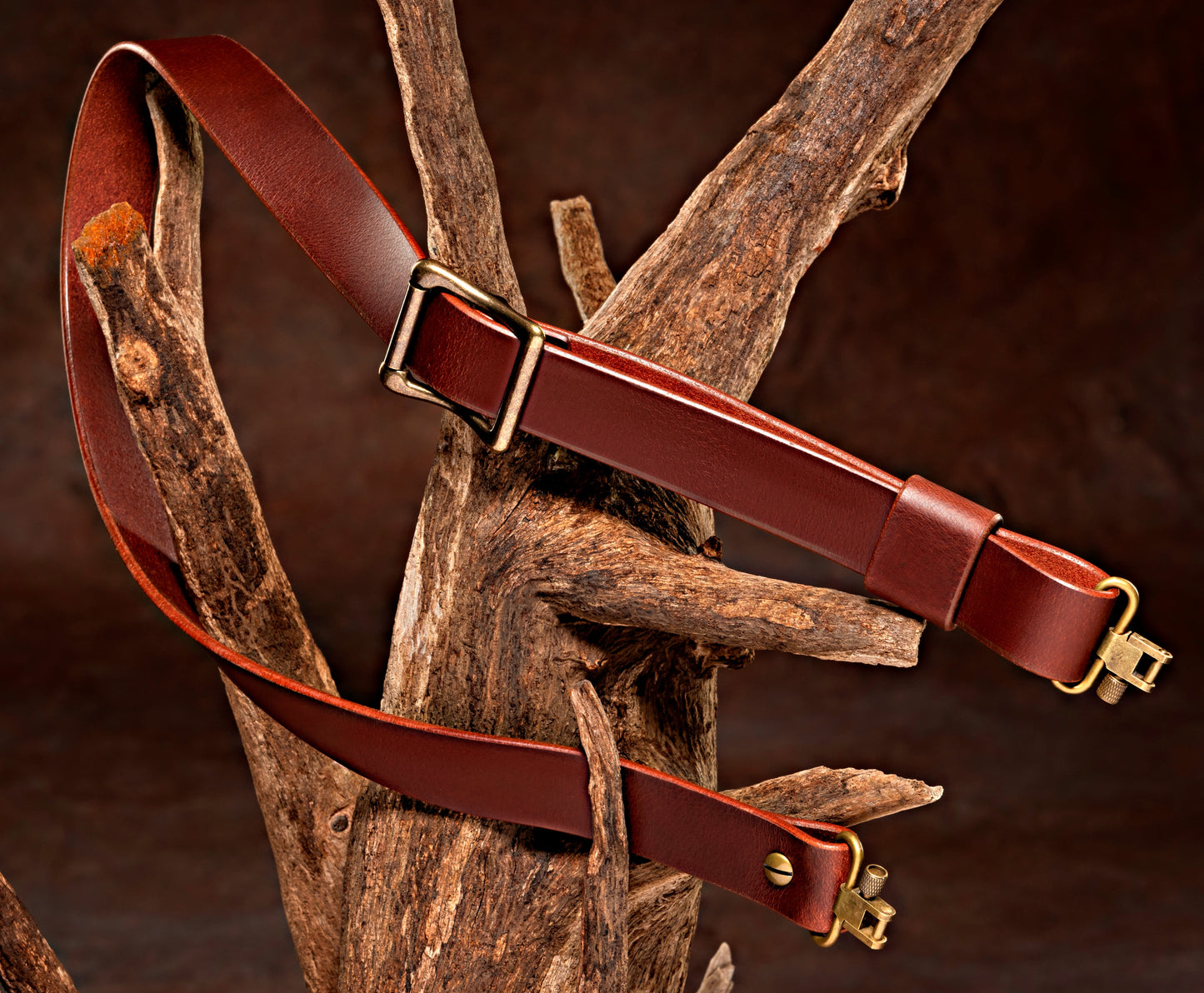 Model B-Slider Buckle Sling. Brown Leather. Antique Brass Color Hardware.