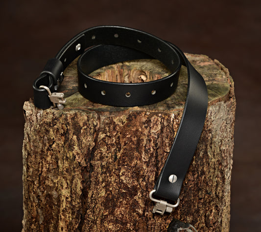 Model D-Black Buffalo Leather Traditional Adjustable Gun Sling. Silver Hardware. Stainless Steel Swivels.