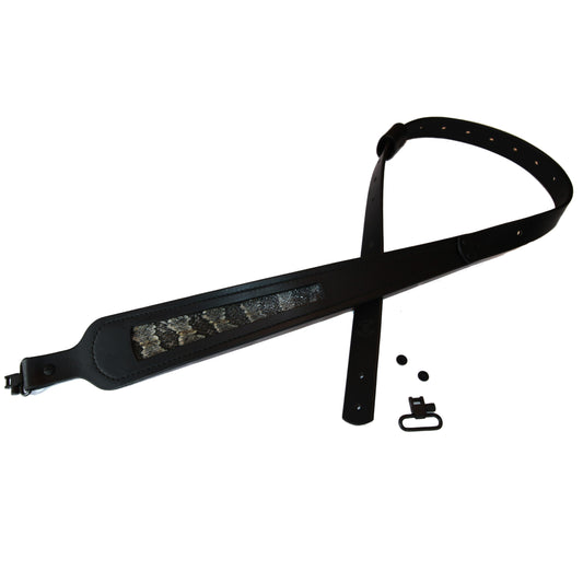 Black Buffalo Leather Cobra Style Gun Sling with Inlaid Timber Rattlesnake Skin