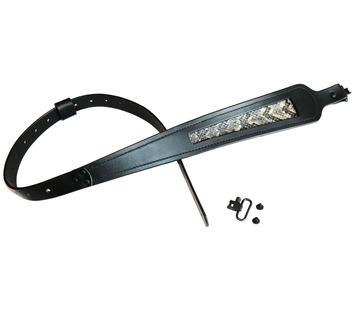 Black Buffalo Leather Cobra Style Gun Sling with Inlaid Timber Rattlesnake Skin