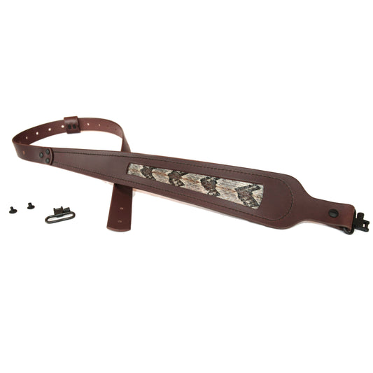 Brown Buffalo Leather Cobra Style Gun Sling with Inlaid Timber Rattlesnake Skin