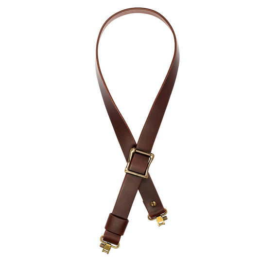 Model B-Slider Buckle Sling. Brown Leather. Antique Brass Color Hardware.