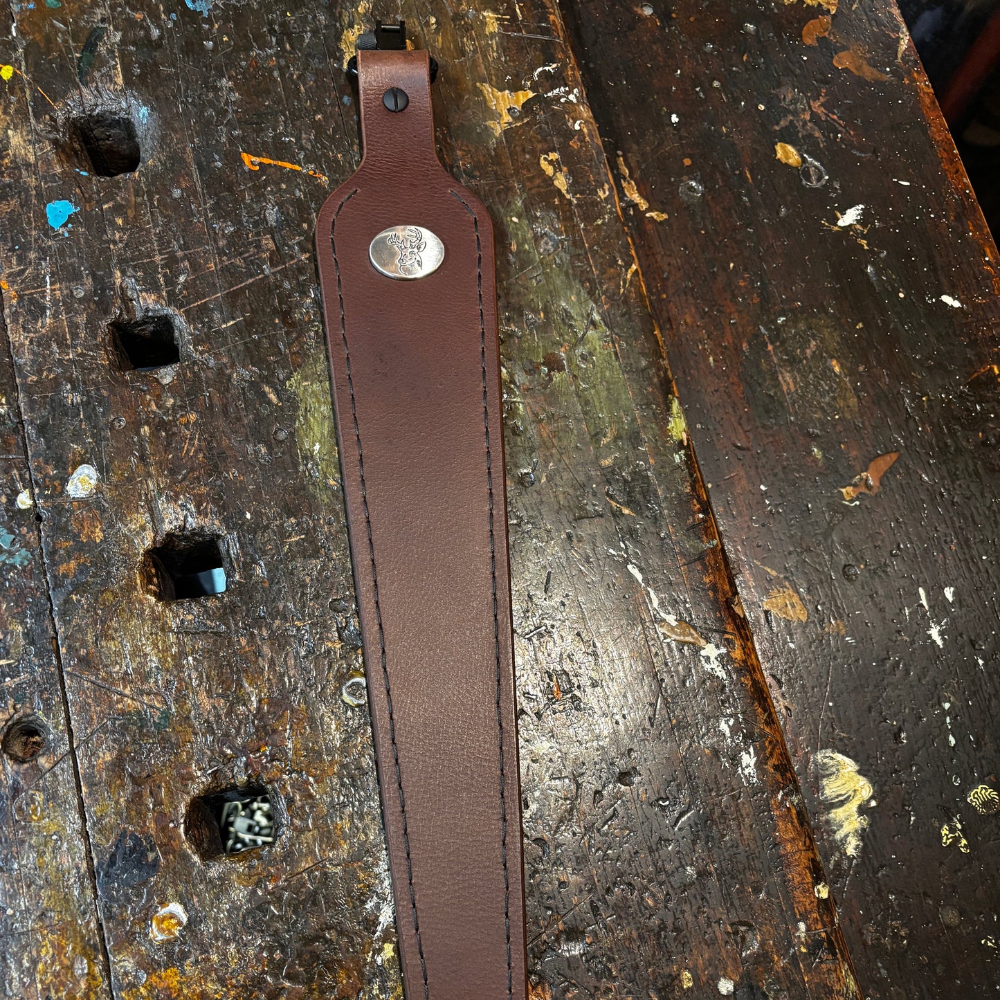 Brown Buffalo Leather Cobra Style Gun Sling with Whitetail Deer Medallion