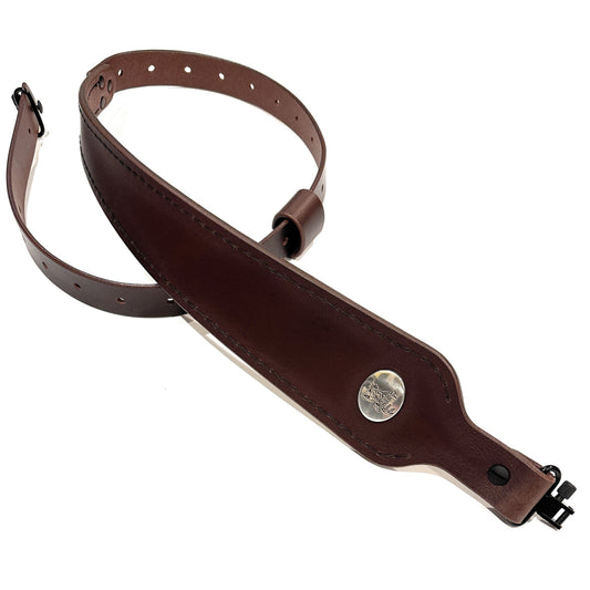 Medium Brown Buffalo Leather Cobra Style Gun Sling with Whitetail Deer Medallion-Black Swivels