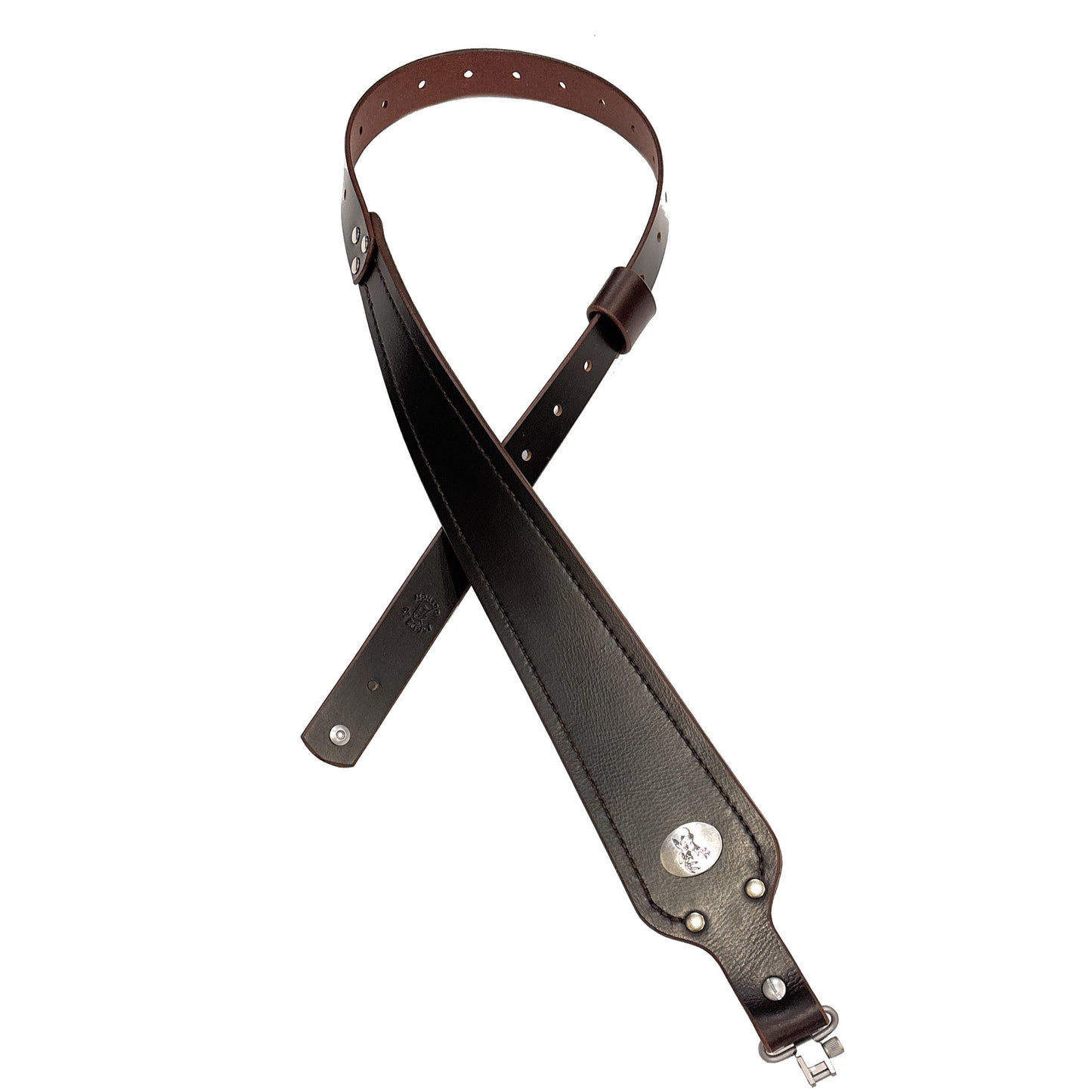 Dark Brown Buffalo Leather Cobra Style Gun Sling with Whitetail Deer Medallion-Stainless Steel Swivels