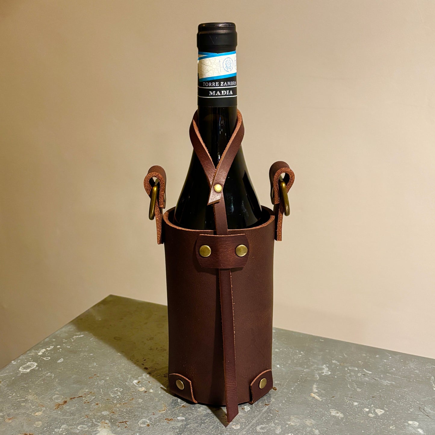 Wine, Whiskey Leather Tote Carrier- Buffalo Leather