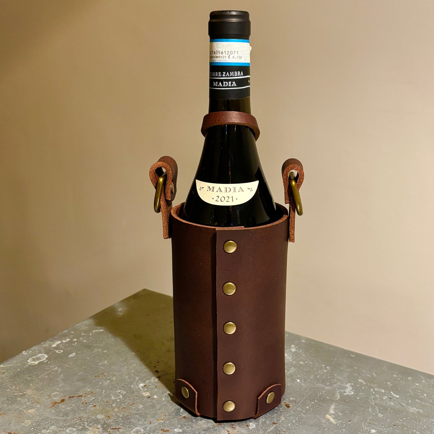Wine, Whiskey Leather Tote Carrier- Buffalo Leather