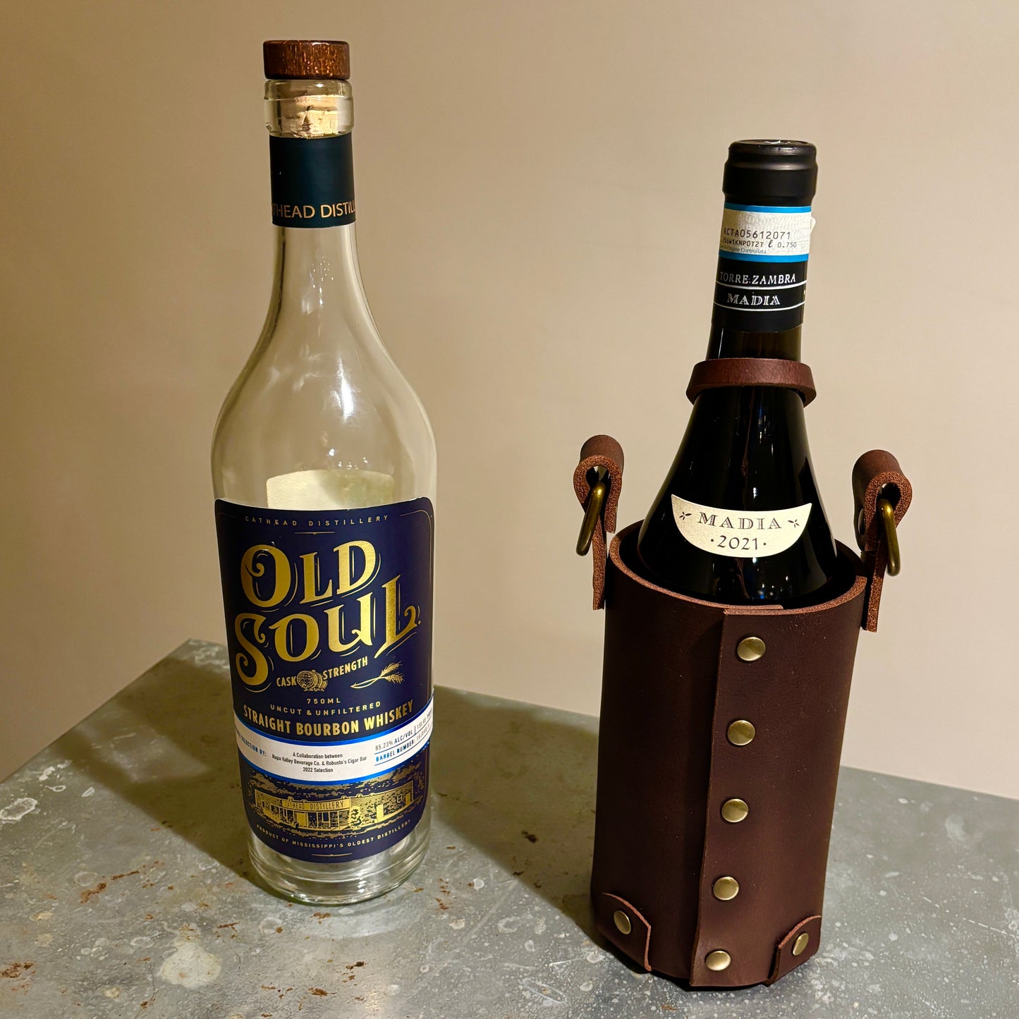 Wine, Whiskey Leather Tote Carrier- Buffalo Leather