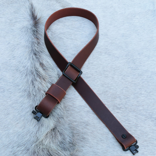 Model FR-Brown Buffalo Leather Slider Buckle Gun Sling Rustic Edges Black Hardware.