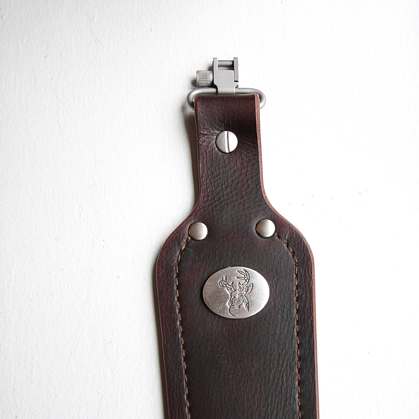 Dark Brown Buffalo Leather Cobra Style Gun Sling with Whitetail Deer Medallion-Stainless Steel Swivels