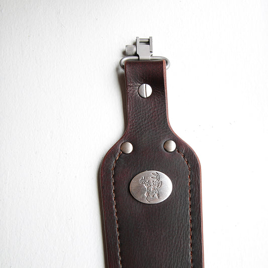 Dark Brown Buffalo Leather Cobra Style Gun Sling with Whitetail Deer Medallion-Stainless Steel Swivels