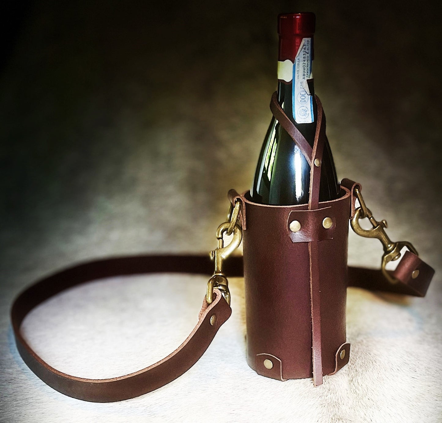 Wine, Whiskey Leather Tote Carrier- Buffalo Leather
