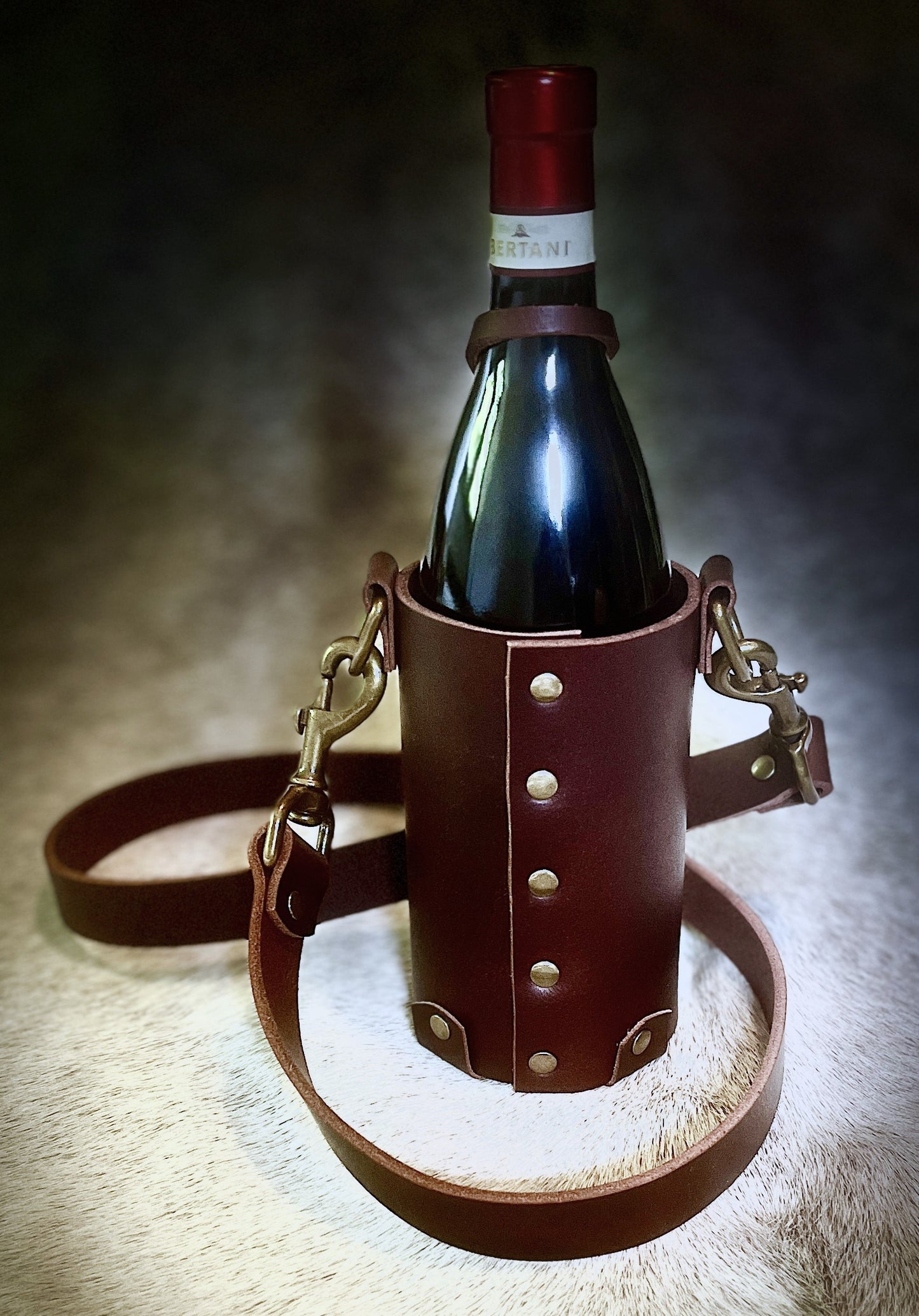Wine, Whiskey Leather Tote Carrier- Buffalo Leather