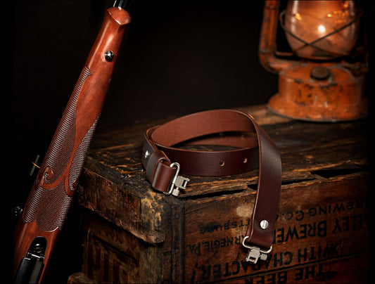 Model G-Traditional Adjustable Sling. Brown Leather. Silver Color Hardware. Stainless Steel Swivels.