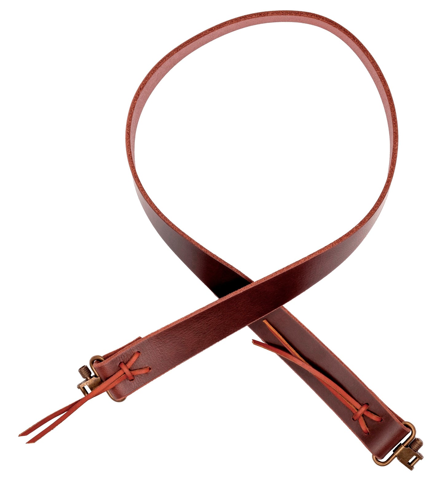 Model FL2-Fixed Length Gun Sling. 1.25" Wide Brown Buffalo Leather. Lace Closures. Antique Brass Finish Swivels. Customizeable length.