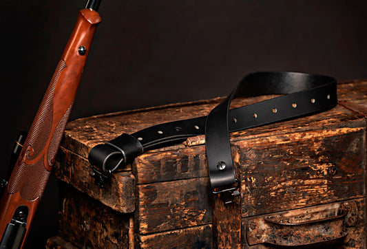 Model BB-Traditional Adjustable Sling. Black Leather. Black Hardware.