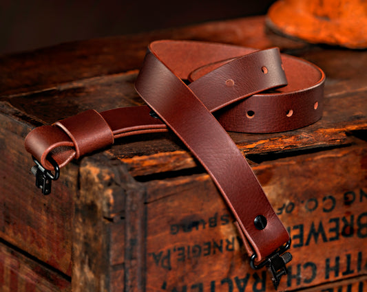 Model C-Traditional Adjustable Sling. Brown Leather Black Hardware